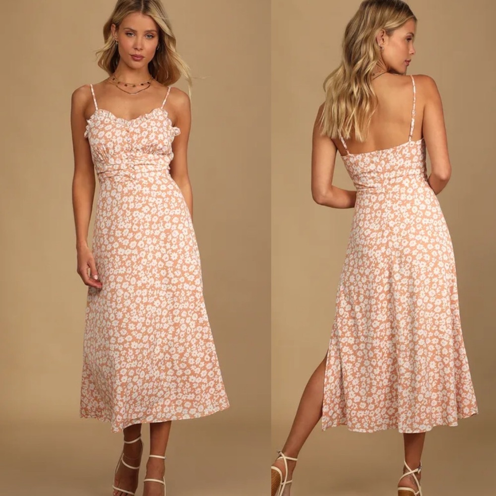 Lulu’s x Lush Timeless Touch Peach Floral Print A-Line Midi Dress